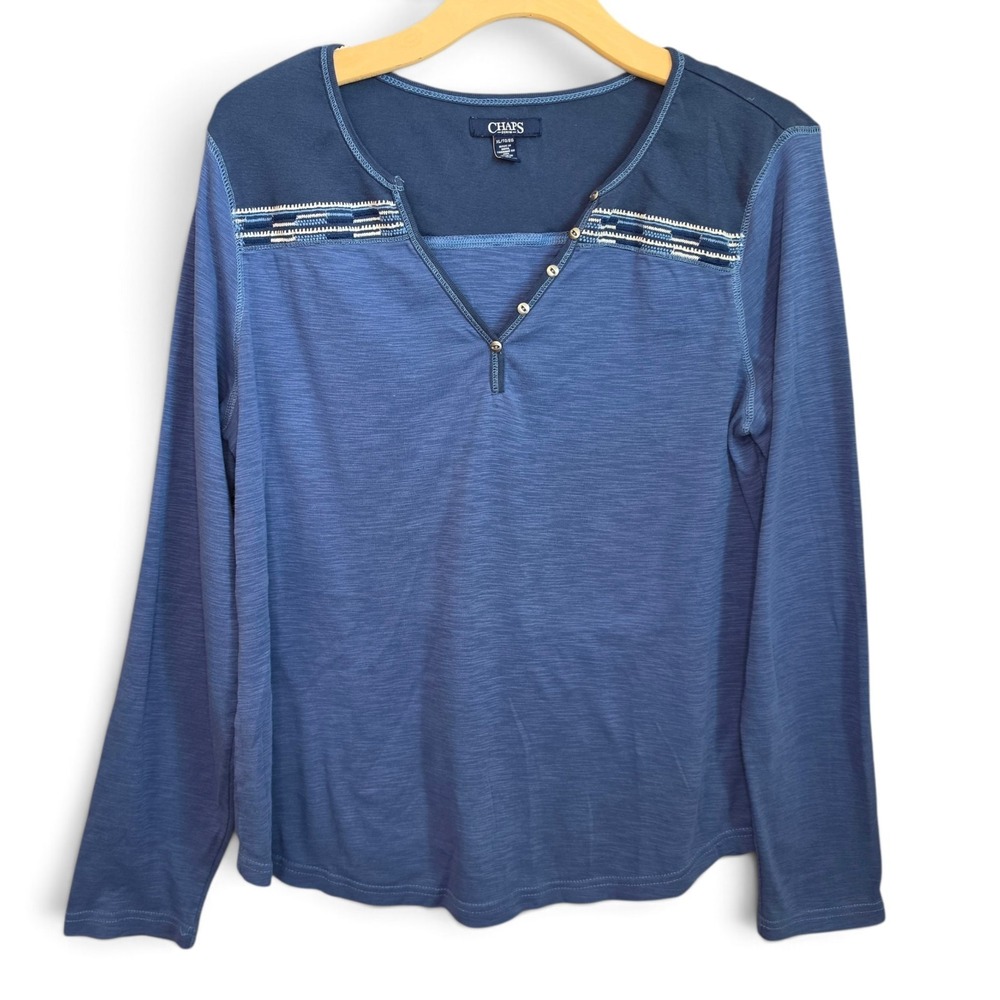 Chaps Womens XL Blue V Neck Top Embroidered Yoke Button Long Sleeve Slub Knit
